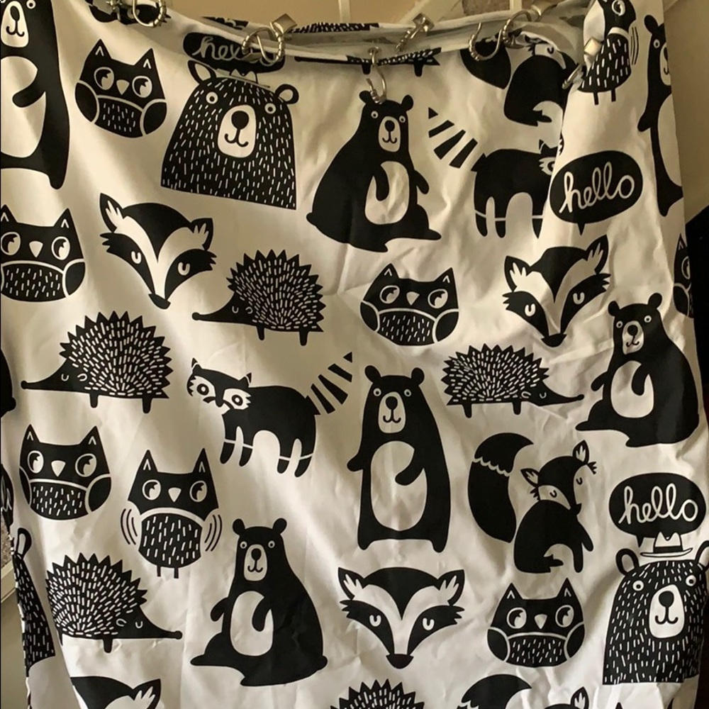 Shower curtain, liner, rings